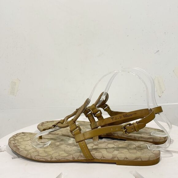 Coach‎ Jeri Logo Genuine Leather Sandals Flats Thong Strappy Tan Women 9B - Picture 2 of 9